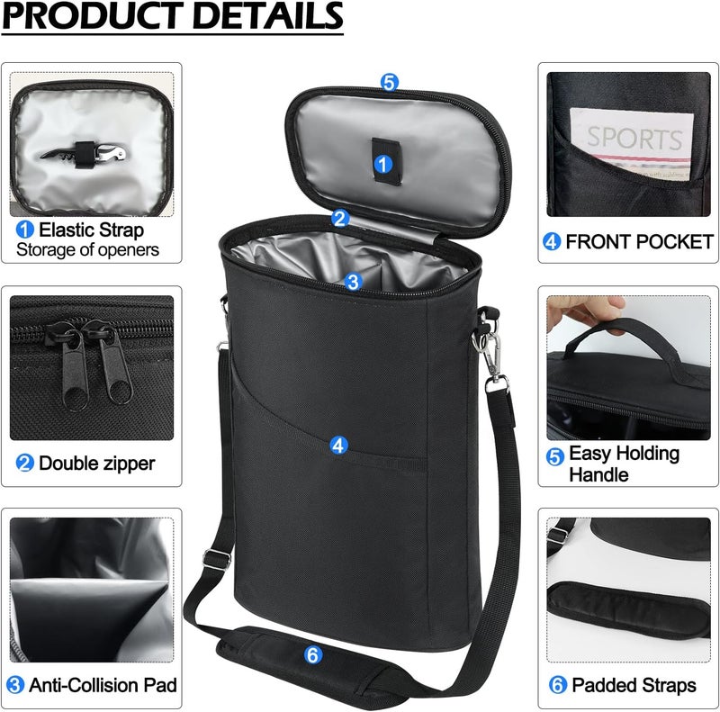 bruwaa 2 Bottle Wine Cooler Bag, Leakproof Insulated Padded Wine Gift Tote Carrier with Handle and Adjustable Shoulder Strap, for Travel, Wine Tasting, Party, Christmas Gift for Wine Lover - Black - Image 4